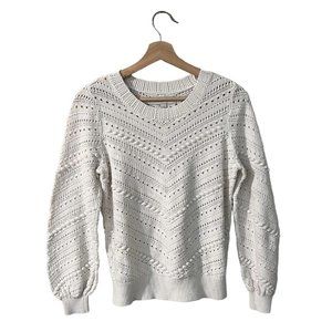 LOFT Bobble Pointelle Sweater Size Small Balloon Sleeve Crew Knit Ribbed Ivory